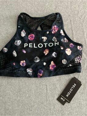 Peloton Black High-Neck Sports Bra with Purple & Pink Gem Print